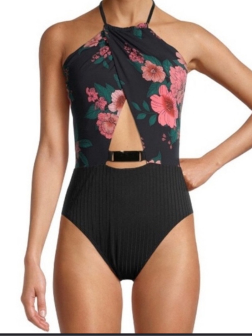 Time and Tru Navy Floral One-Piece Swimsuit with Pink Accents